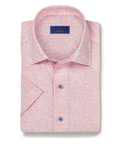 CSSM08015840 | Coral Linen Neat Print Short Sleeve Shirt