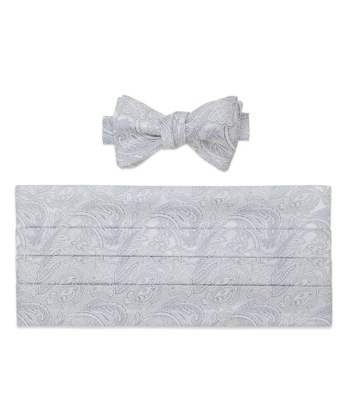 CH2593044 | Silver & White Paisley Self-tie Bow Tie & Cummerbund Set