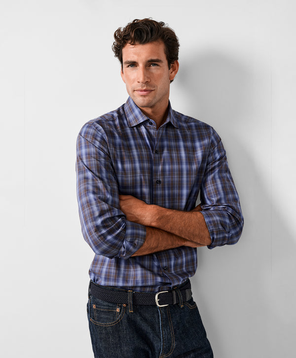 CMSW13825491 | Navy & Chocolate Check Sport Shirt