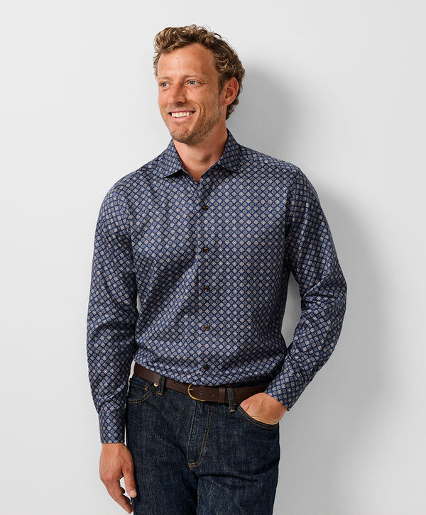 CMSW13603419 | Navy & Brown Geometric Sport Shirt