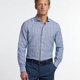CMSW12953450 | Navy Linen Stripe Sport Shirt