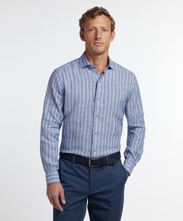 CMSW12953450 | Navy Linen Stripe Sport Shirt