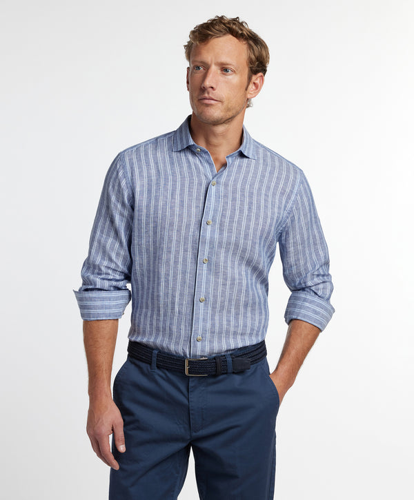CMSW12953450 | Navy Linen Stripe Sport Shirt