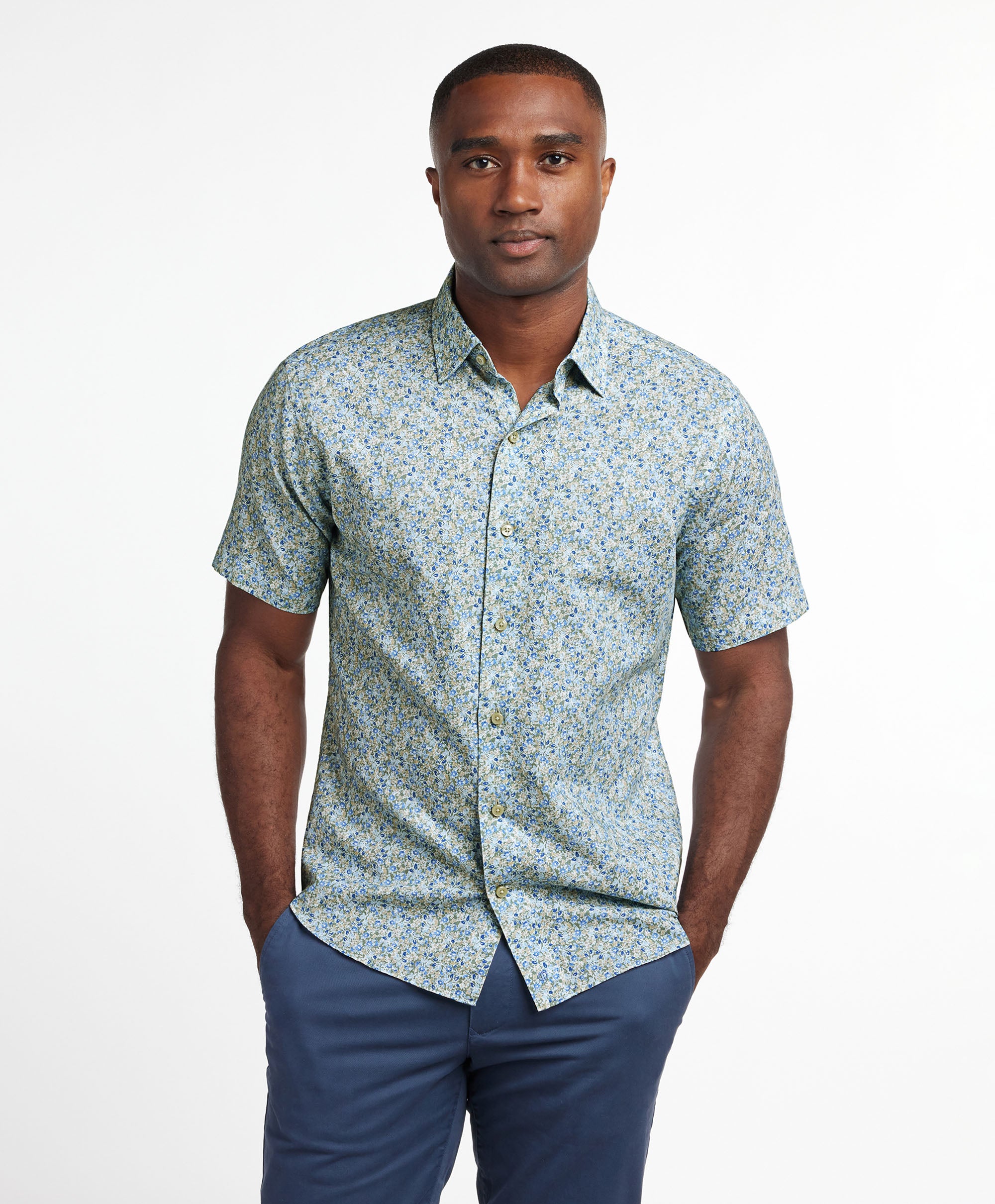 floral short sleeve dress shirt Express Men's Embroidered Floral Cotton Short Sleeve Shirt in Blue XL