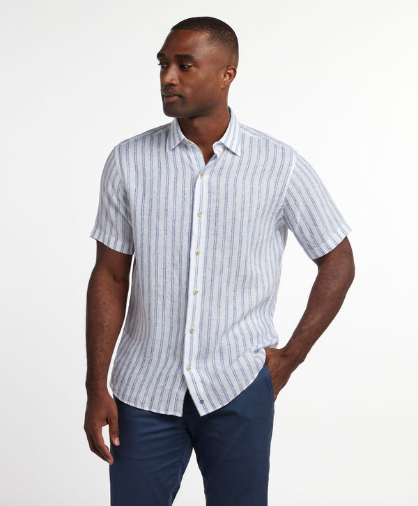 CSSM12953135 | White & Blue Linen Stripe Short Sleeve Shirt