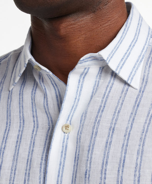CSSM12953135 | White & Blue Linen Stripe Short Sleeve Shirt