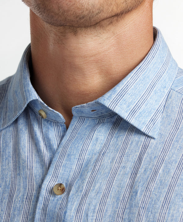 CSSM12956423 | Blue Linen Stripe Short Sleeve Shirt