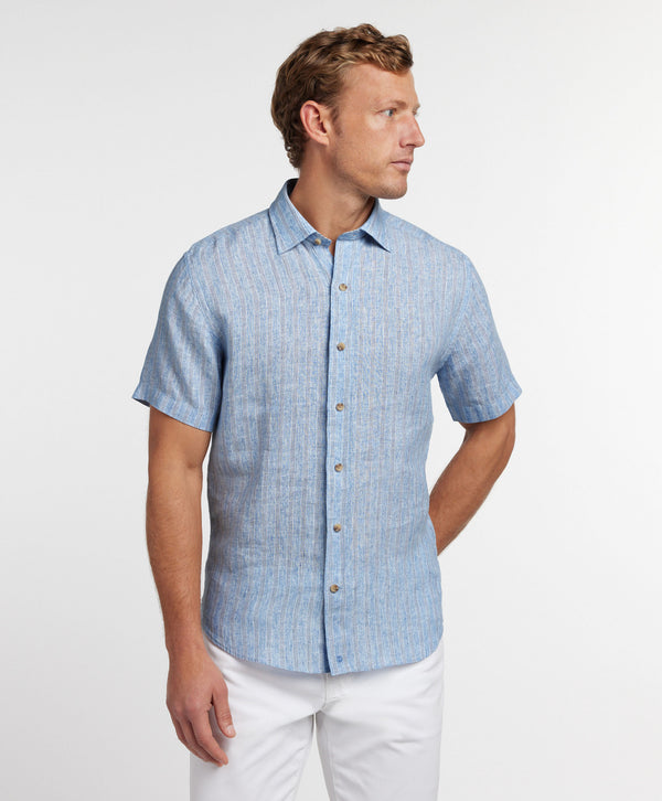 CSSM12956423 | Blue Linen Stripe Short Sleeve Shirt