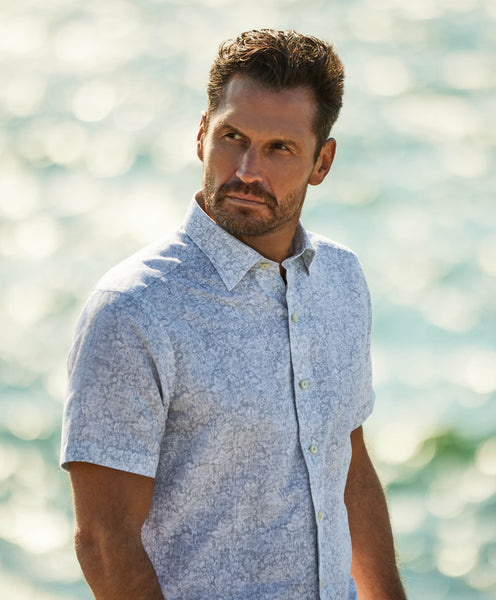CSSM10400043 | Stone Linen Floral Print Short Sleeve Shirt
