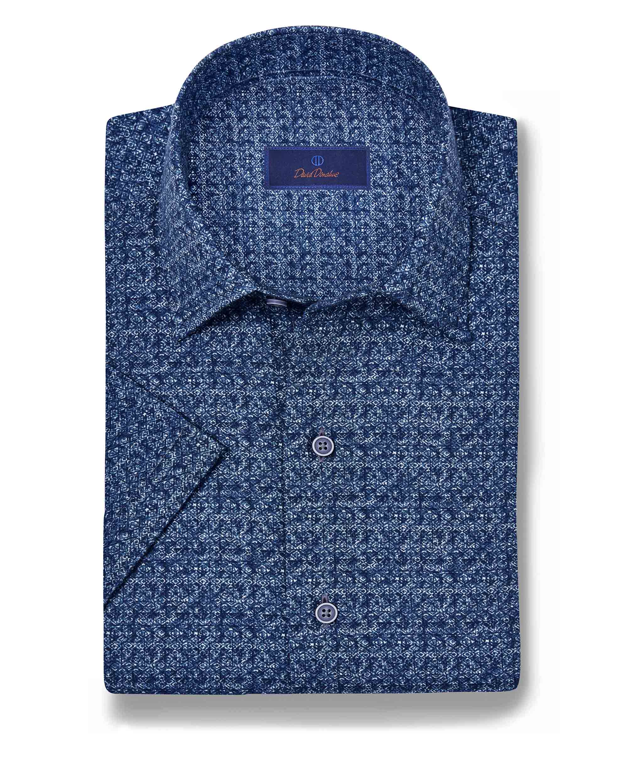CSSM10022412 | Navy Linen Print Short Sleeve Shirt - David