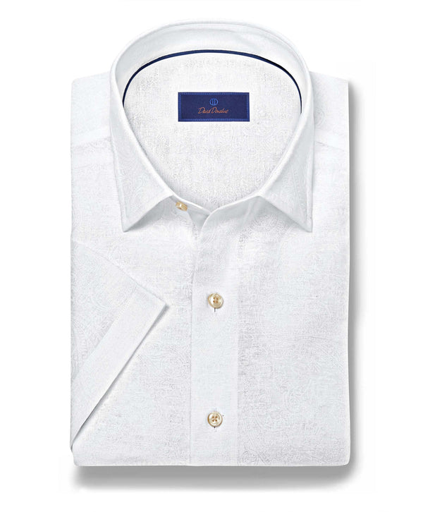 CSSM12505110 | White Paisley Linen Blend Short Sleeve Shirt