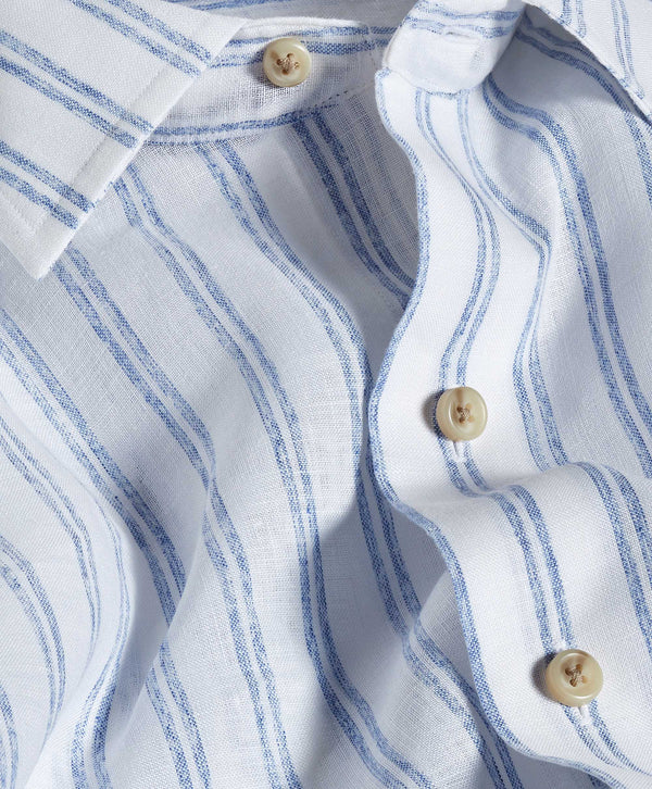 CSSM12953135 | White & Blue Linen Stripe Short Sleeve Shirt