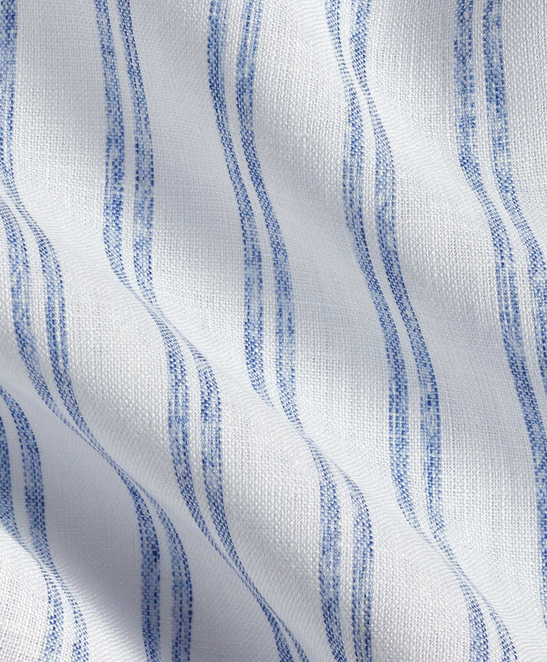 CSSM12953135 | White & Blue Linen Stripe Short Sleeve Shirt