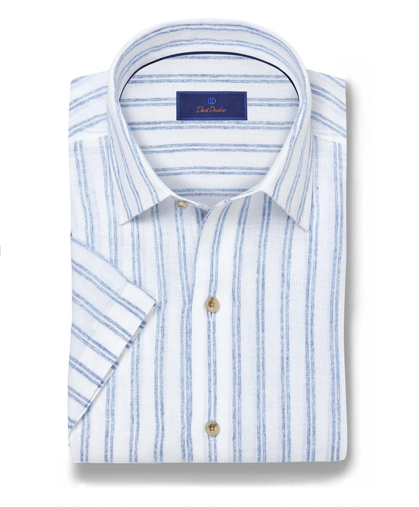 CSSM12953135 | White & Blue Linen Stripe Short Sleeve Shirt
