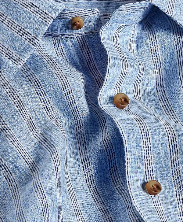 CSSM12956423 | Blue Linen Stripe Short Sleeve Shirt