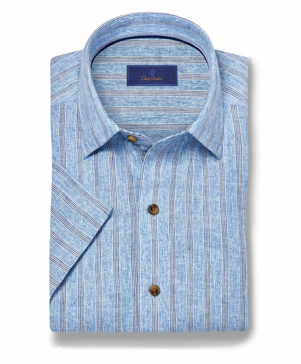 CSSM12956423 | Blue Linen Stripe Short Sleeve Shirt