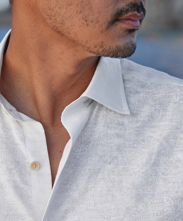 CSSM12505110 | White Paisley Linen Blend Short Sleeve Shirt