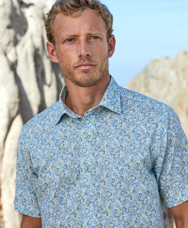 CSSM12401344 | Sage Floral Linen Blend Short Sleeve Shirt