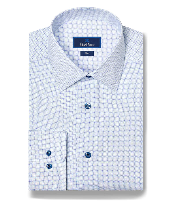 SBSP13005135 | White & Blue Micro Geometric Print Stretch Dress Shirt