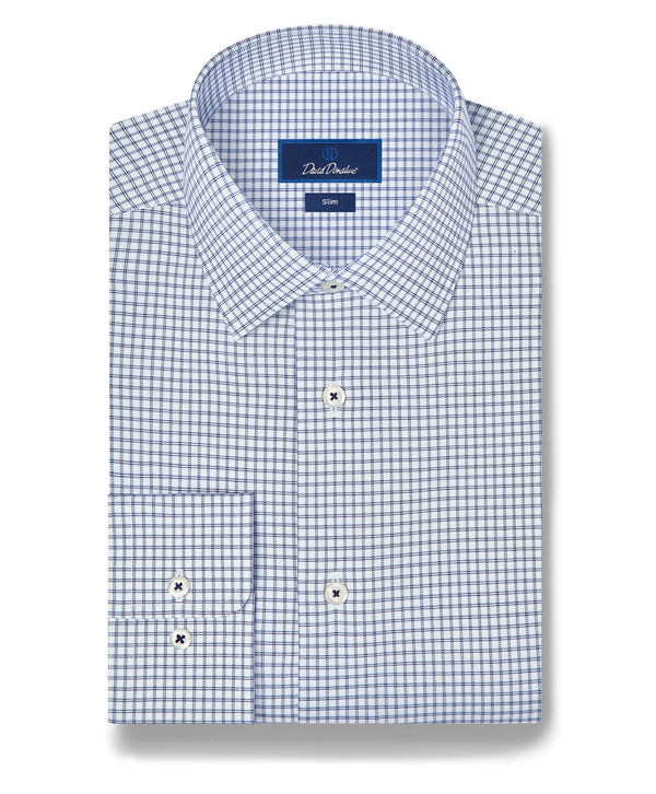 SBSP13801155 | White & Navy Twill Check Stretch Dress Shirt