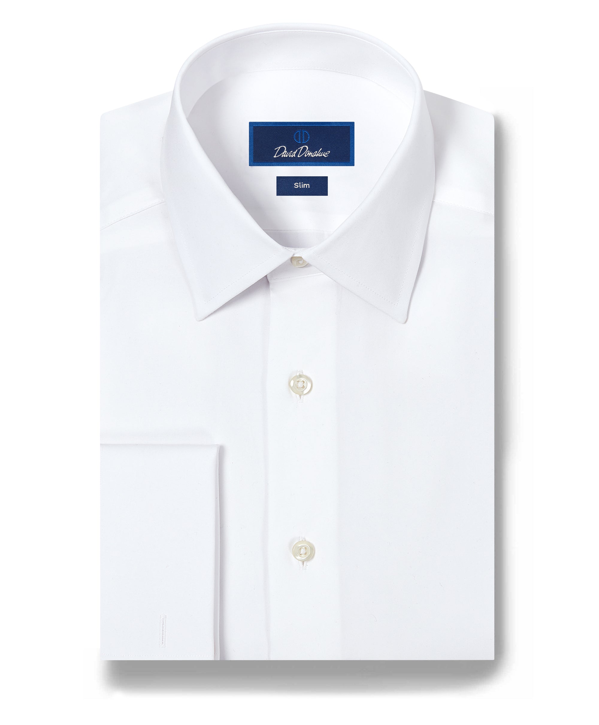 white french cuff dress shirts Non-Iron Cotton Twill Spread Collar Shirt Sizing Model is 58 and wears a size 1. David Donahue Slim Fit Broadcloth