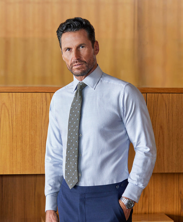 TBSP11954135 | White & Blue Stripe Cashmere Blend Dress Shirt