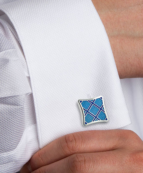 CL055902 | Sterling Silver Plaid Light Blue & Blue Cufflinks