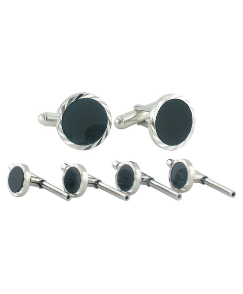 SS890902 | Sterling Silver Onyx Diamond Cut Stud Set